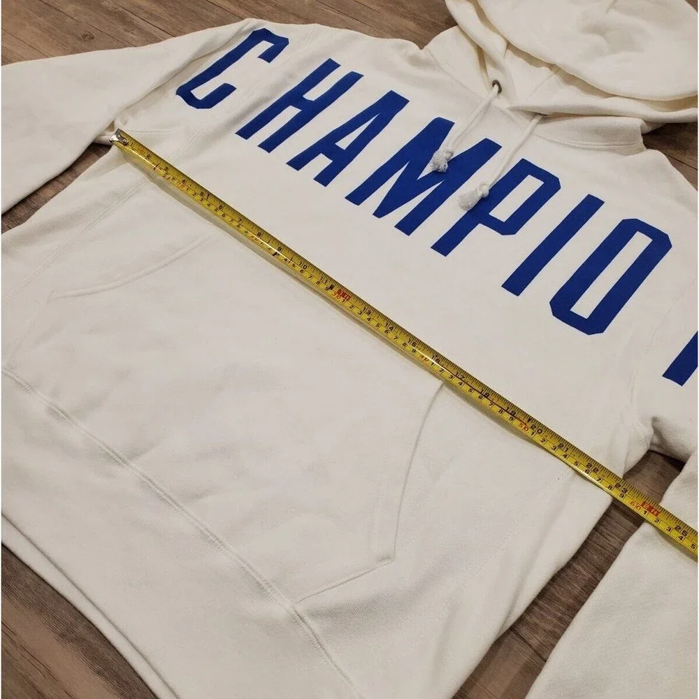 CHAMPION Spellout Logo Reverse Weave Pullover Sweatshirt Hoodie White Blue Sz M